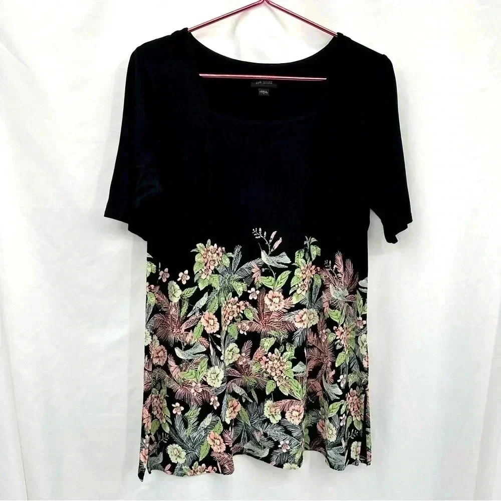 J Jill Tunic Women Small Black Tropical Floral Hummingbird Wearever Square Neck